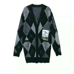 JNBY Diamond Pattern V-Neck Factory Distressed Wool Cardigan Size Medium EUC!